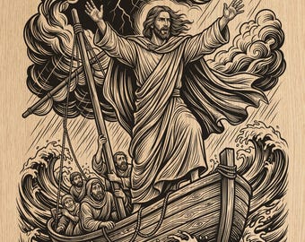 Jesus beruhigender Sturm PNG | Christliche Holzgravurdatei (Digitaler Download)