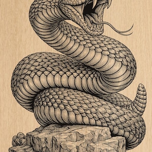 Puede incluir: Ilustración detallada en blanco y negro de una serpiente enroscada con la boca abierta y la lengua extendida. La serpiente descansa sobre una superficie rocosa, sobre un fondo claro de vetas de madera. La obra de arte muestra un intrincado trabajo de líneas.