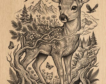 Wald Hirsch Laser Gravur PNG | Waldwild lebende Szene (Digitaler Download)
