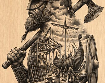 Vikingkrijger en langschip PNG CNC-lasergraveerbestand, Noors smidsontwerp, Scandinavische digitale download