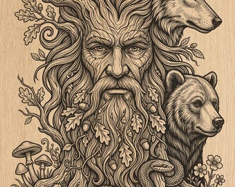 Green Man Waldgeist Gravierdatei | Wolf Bär Rabenschlange Natur Kunst (PNG Download)