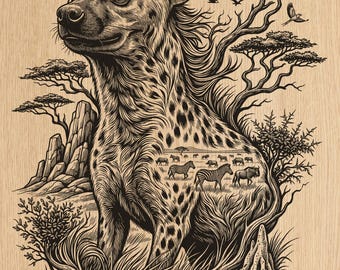 Afrikanische Hyäne Safari Holzgravur PNG | Detailreiche Wildtiere Laser Illustrationen (Instant Download)