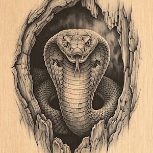 Puede incluir: Una ilustración en blanco y negro realizada con puntos de un cobra que emerge del hueco de un tronco de árbol. La serpiente se muestra con la capucha desplegada, escamas detalladas y la lengua fuera, sobre un fondo oscuro.