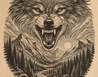 Wolf Bergwald Gravur PNG | Wildtiere Naturszene, rustikales Hüttendekor (Digitale Datei)