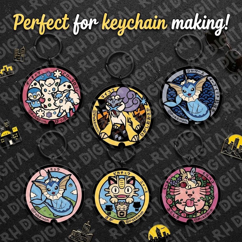 May include: Circular keychains featuring various Pok&eacute;mon characters in colorful designs. Each keychain has a black ring and includes Japanese text and the Pok&eacute;mon logo. The keychains are suitable for keychain making.