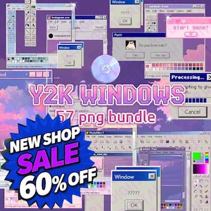 Puede incluir: Una obra de arte digital que presenta un collage de ventanas de ordenador retro en tonos morados y rosas. El texto incluye "Y2K WINDOWS 57 png bundle" y "NEW SHOP SALE 60% OFF".
