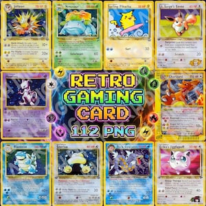 May include: A collection of ten vintage-style trading cards featuring Pokemon characters including Jolteon, Venusaur, Surfing Pikachu, Lt. Surge's Eevee, Mewtwo, Charizard, Blastoise, Snorlax, Dark Gyarados, and Erika's Jigglypuff with text RETRO GAMING CARD 112 PNG.