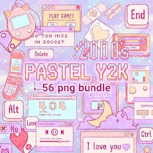 May include: A digital collage with a pastel Y2K theme. The image features various elements like a flip phone, a handheld game, and computer windows. Text includes "PASTEL Y2K" and "56 png bundle."