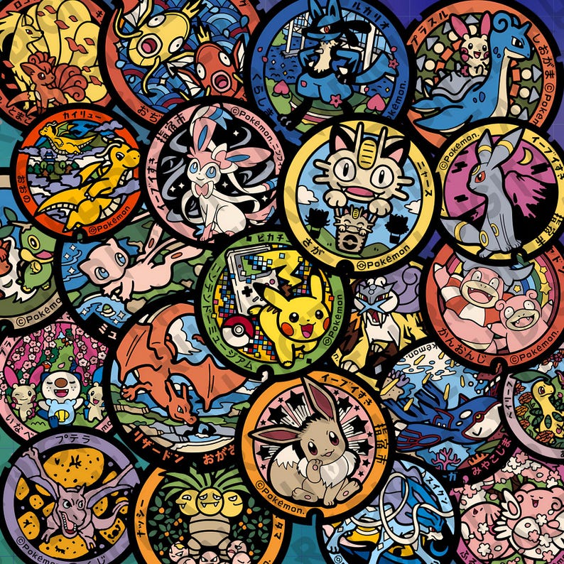 May include: A collection of colorful, circular illustrations featuring various Pok&eacute;mon characters. Each design is unique, with vibrant colors and detailed artwork. The illustrations include characters like Pikachu, Eevee, and Charizard, with Japanese text.
