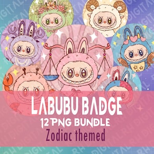 Op de afbeelding: Een verzameling van twaalf ronde Labubu-badges, elk met een uniek sterrenbeeldthema. De badges tonen cartoonkarakters in verschillende kostuums, met de tekst "LABUBU BADGE" en "12 PNG BUNDLE Zodiac themed".