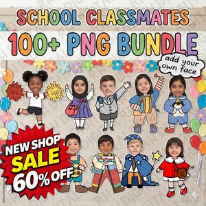Paquete de más de 100 imágenes PNG para añadir tu propia cara / Plantillas para manualidades en el aula / Imágenes prediseñadas para niños en edad escolar / Recortes de fotos de estudiantes / Decoración para tablones de anuncios