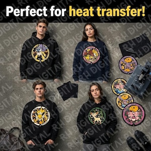 May include: Black sweatshirts and a navy blue sweatshirt with colorful circular graphic designs. The image also shows heat transfer materials and a heat press. Text in the image reads "Perfect for heat transfer!"