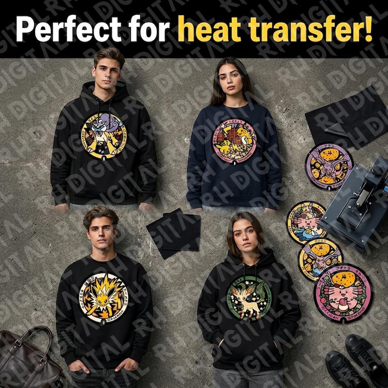 May include: Black sweatshirts and a navy blue sweatshirt with colorful circular graphic designs. The image also shows heat transfer materials and a heat press. Text in the image reads "Perfect for heat transfer!"