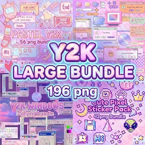 May include: A digital art graphic bundle with a pastel Y2K theme. The image features various elements like computer windows, pixel art, and text that reads "Y2K LARGE BUNDLE 196 png". Additional text includes "Y2K WINDOWS 57 png bundle" and "Cute Pixel Sticker Pack 42 png Bundle".