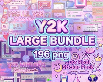 May include: A digital art graphic bundle with a pastel Y2K theme. The image features various elements like computer windows, pixel art, and text that reads "Y2K LARGE BUNDLE 196 png". Additional text includes "Y2K WINDOWS 57 png bundle" and "Cute Pixel Sticker Pack 42 png Bundle".