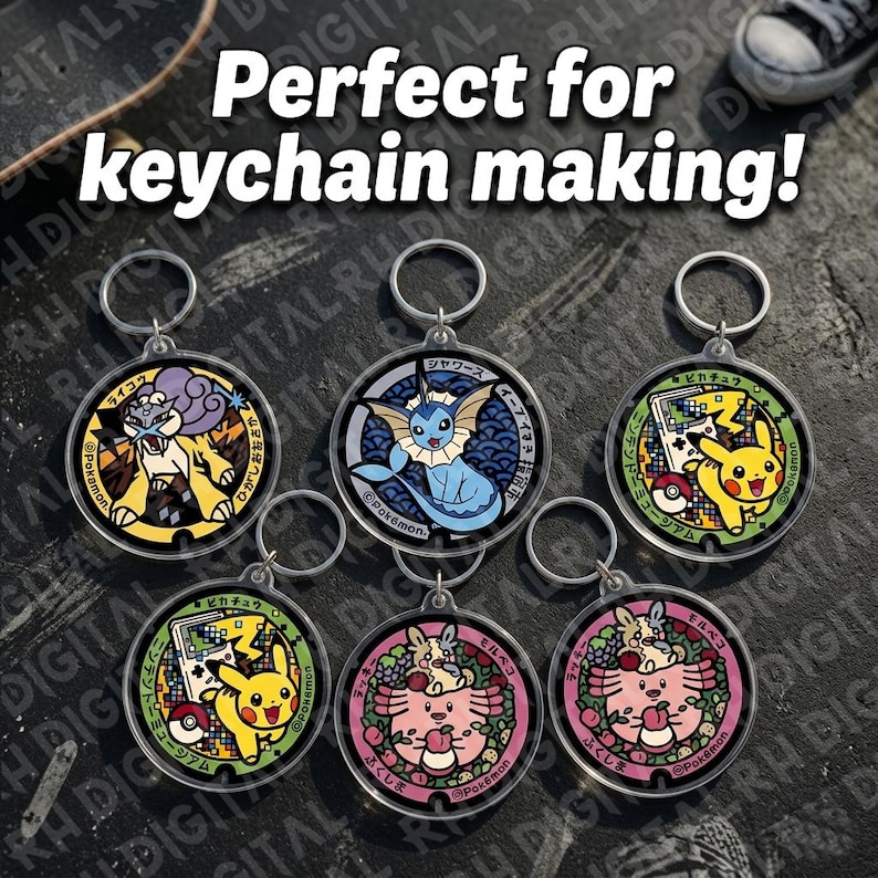 May include: Circular keychains featuring various Pok&eacute;mon characters. Each keychain has a clear, circular design with a metal ring. The keychains showcase colorful illustrations of Pok&eacute;mon like Pikachu and Vaporeon, with Japanese text and a "Perfect for keychain making!" message.