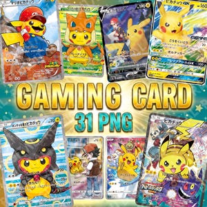 May include: A collection of eight colorful Pikachu trading cards featuring various character costumes and poses, including Mario Pikachu and Umbreon-themed Pikachu, with the text GAMING CARD 31 PNG displayed in large gold letters in the center.