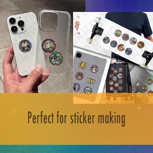 May include: The image showcases a variety of colorful stickers applied to different surfaces, including a phone, phone case, skateboard, tablet, and suitcase. The stickers feature intricate circular designs with various illustrations. The text "Perfect for sticker making" is also visible.