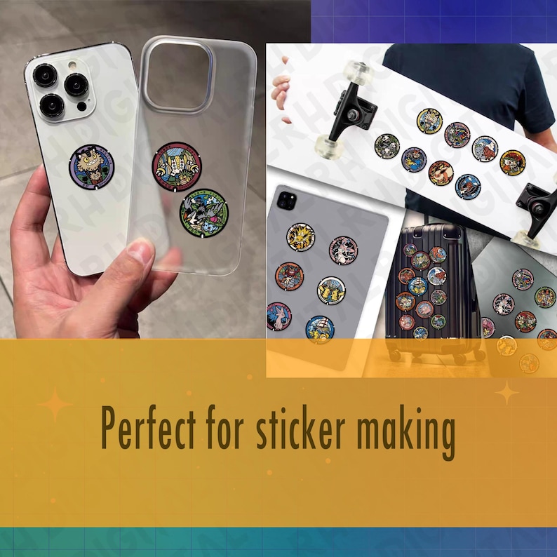 May include: The image showcases a variety of colorful stickers applied to different surfaces, including a phone, phone case, skateboard, tablet, and suitcase. The stickers feature intricate circular designs with various illustrations. The text "Perfect for sticker making" is also visible.