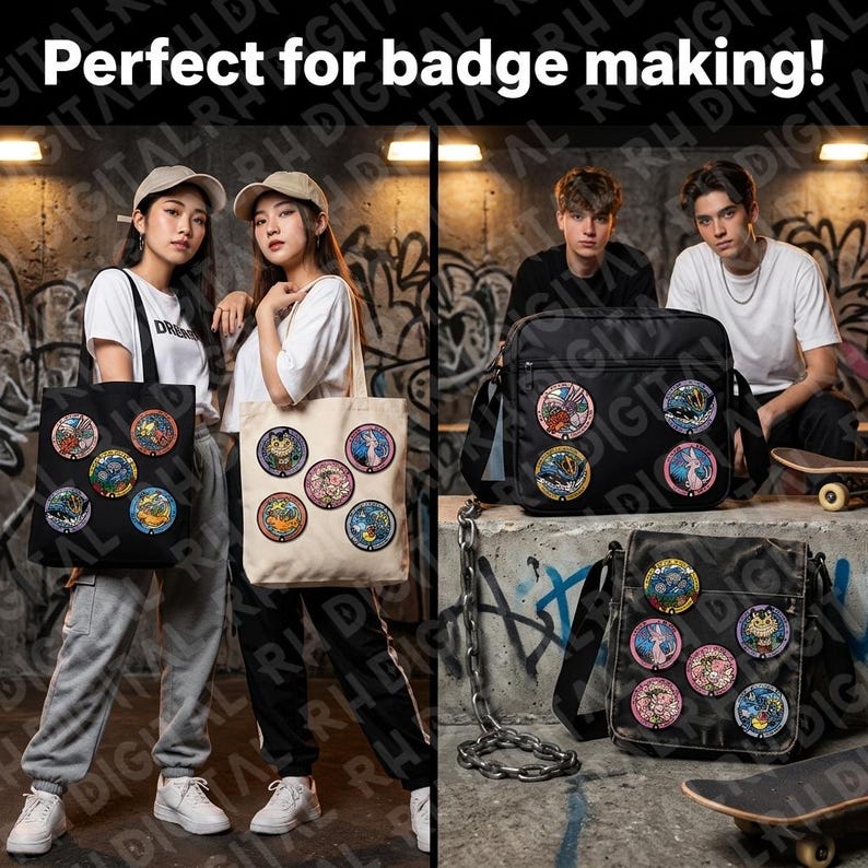 May include: Black tote bags and messenger bags with colorful round badges. The bags are displayed with people in a graffiti-covered urban setting. The text "Perfect for badge making!" is at the top.