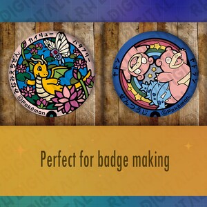 May include: Two colorful round badges featuring Pok&eacute;mon characters. One shows a yellow dragon-like creature with a butterfly, the other features two pink creatures. Japanese text and the Pok&eacute;mon logo are included.
