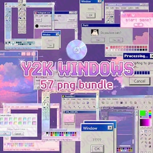 May include: A digital art composition featuring various retro computer windows and a CD. The image includes text that reads "Y2K WINDOWS 57 png bundle". The color palette is predominantly purple and pink.
