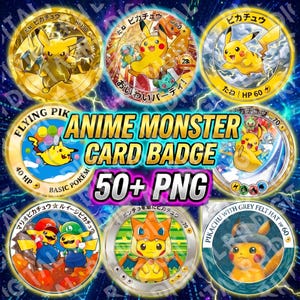 Op de afbeelding: Een verzameling ronde digitale badges met diverse illustraties van het personage Pikachu, waaronder Pikachu met ballonnen, in kostuums en met Mario en Luigi, voorzien van tekst zoals ANIME MONSTER CARD BADGE 50+ PNG.