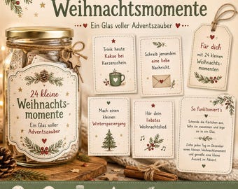 Puede incluir: Un frasco de vidrio con tapa dorada y una etiqueta que dice 24 kleine Weihnachtsmomente, Ein Glas voller Adventszauber. Incluye varias tarjetas rectangulares con texto en alemán, ilustraciones festivas e instrucciones de uso.