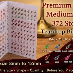 May include: A spiral-bound book containing 372 teardrop-shaped adhesive bindis in over 10 colors, including red, blue, green, and yellow. The book displays bindis ranging from 8mm to 12mm in size. Text on the page reads Premium Velvet Medium Size 372 Stone Teardrop Bindi Book, Pack of 10+ Colors, Size 8mm to 12mm, and Please Check the Size - Shape - Quantity, Before You Place the Order.