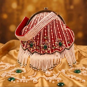 Könnte beinhalten: Eine rote, mit Perlen besetzte Clutch mit einem weißen Perlenriemen und Fransen. Die Clutch ist mit grünen und klaren Edelsteinen verziert. Eine Perlenkette mit grünen Akzenten ist um die Clutch drapiert.