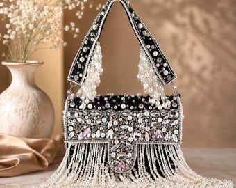 Black Potli Bag: Pearl Emerald Embellished Bridal Wedding Accessory. Handmade Bridal & Vintage-Inspired Clutch.