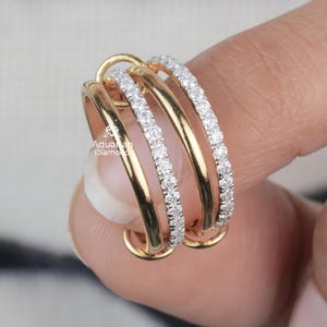 Anello a tripla fascia intrecciata in oro massiccio 14 carati / Fede nuziale impilata con pavé di moissanite / Anello a galassia rotante con anelli per donna