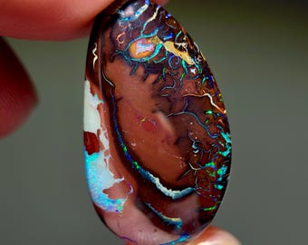 May include: A polished, teardrop-shaped boulder opal gemstone featuring a dark brown ironstone matrix with vibrant, iridescent flashes of electric blue, green, and gold color play across the surface in intricate, vein-like patterns.