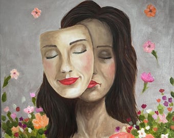 Pintura original de retrato de mujer con flores, arte con máscara facial