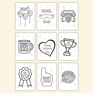 May include: Nine black and white Father's Day cards with various designs. The cards feature phrases like "Best Dad," "Cool Dad," and "Super Dad." Other cards show a trophy, a coffee mug, and a heart shape.