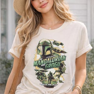 Vintage Star Wars The Mandalorian And Grogu Poster T-Shirt, Grogu Bounty Hunter Shirt, 90s Style Star Wars Shirt, Star Wars Fans Gift Tee image 1