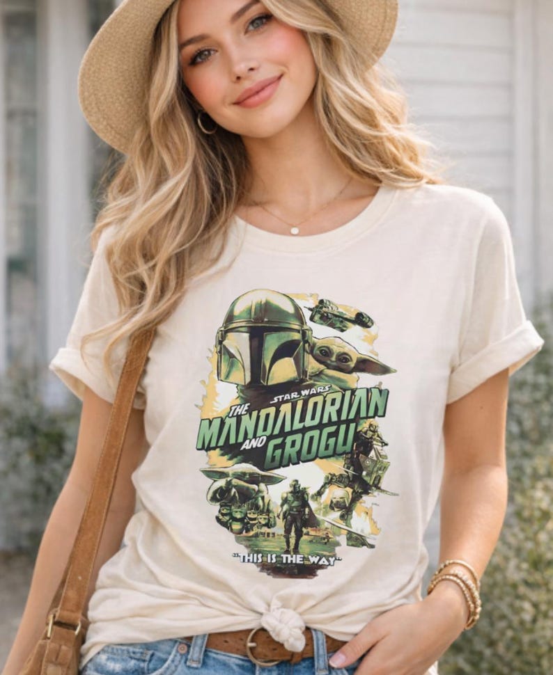 Vintage Star Wars The Mandalorian And Grogu Poster T-Shirt, Grogu Bounty Hunter Shirt, 90s Style Star Wars Shirt, Star Wars Fans Gift Tee image 1