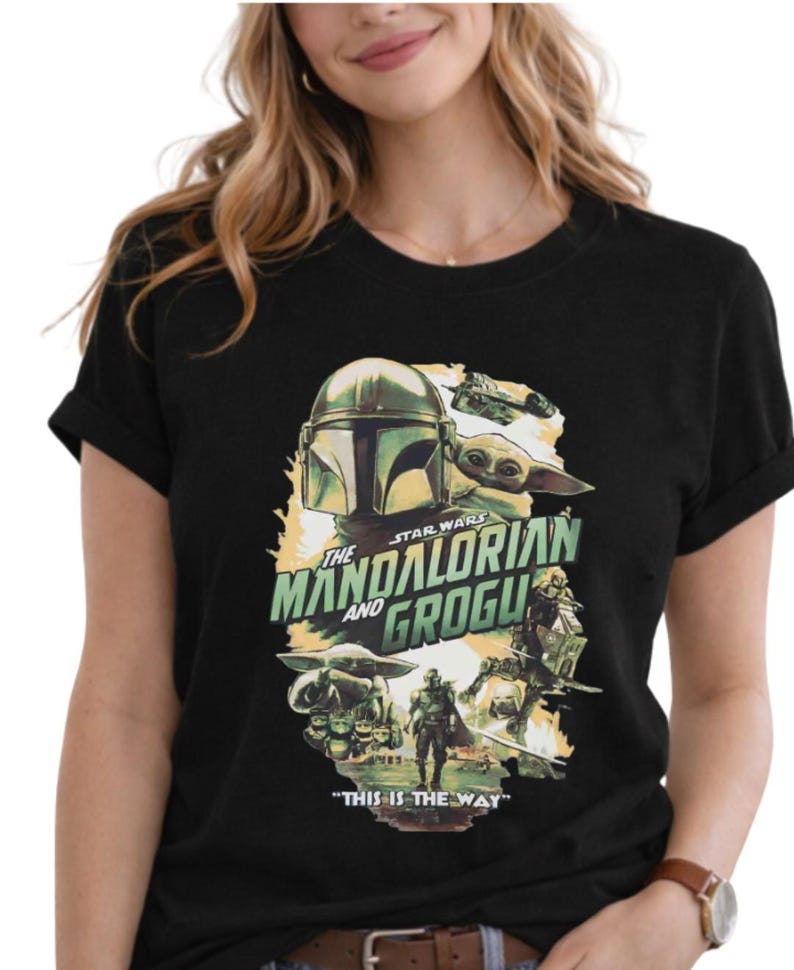 Vintage Star Wars The Mandalorian And Grogu Poster T-Shirt, Grogu Bounty Hunter Shirt, 90s Style Star Wars Shirt, Star Wars Fans Gift Tee image 3