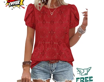 Women's Crochet Lace Blouse, Boho Petal Sleeve Summer Top, Elegant Bohemian Shirt