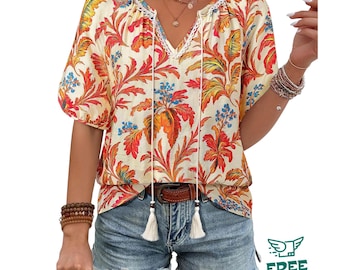 Womens Boho Floral V Neck Tie Front Lantern Sleeve Summer Blouse Top