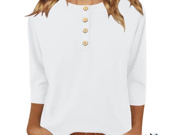 Women’s Floral 3/4 Sleeve Blouse Crew Neck Loose Casual Tunic Top Lightweight Shirt