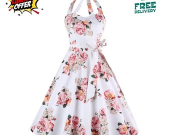 Womens 1950s Polka Dot Halter Dress Vintage Audrey Retro Swing Cocktail Party Dress