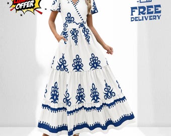 Womens Boho Floral Maxi Dress V Neck, Tiered, Bell Sleeve, Pockets Summer Outfit