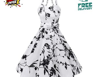 Womens 1950s Polka Dot Halter Dress Vintage Audrey Retro Swing Cocktail Party Dress