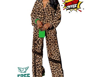 Button Down Shirt, Wide Leg Pants Set 2ps