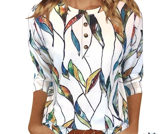 Women’s Floral 3/4 Sleeve Blouse Crew Neck Loose Casual Tunic Top Lightweight Shirt