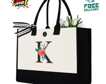Initial Canvas Tote Bag Personalized Gift for Women Mom Teacher Bridesmaid Birthday Beach Bag