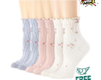 Women's Ruffle Crew Socks Vintage Floral Frilly Ankle Socks (6 Pack)