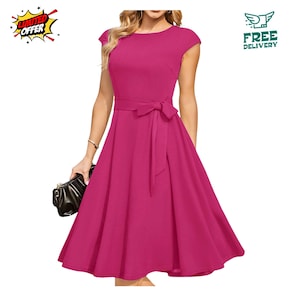 May include: A magenta-colored dress with a fitted bodice and a flared skirt. The dress features a round neckline, short sleeves, and a matching belt that ties at the waist. The dress is made of a smooth fabric and has a classic, feminine silhouette.