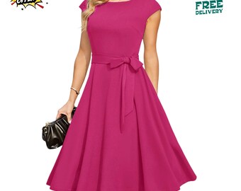 Vintage Fit and Flare Midi Dress  Modest Tea Length Cocktail Swing Silhouette